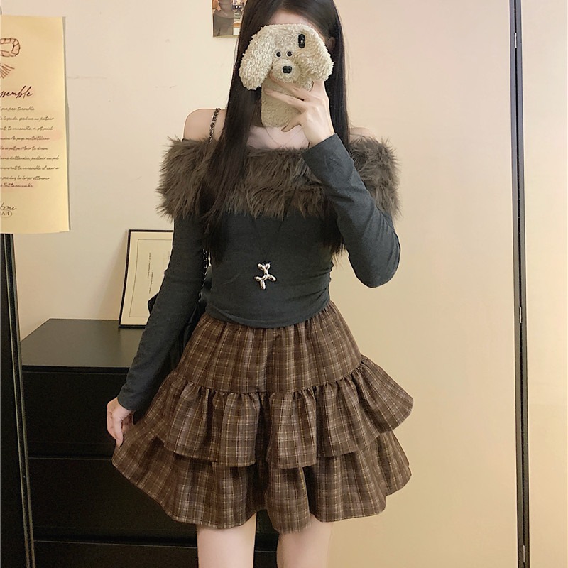 加厚磨毛卡格子蛋糕裙女2025新款秋冬a字半身裙小个子红百褶短裙