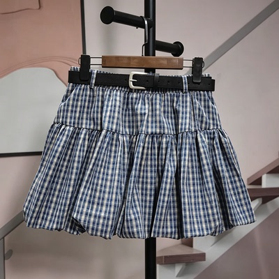 蓝格子花苞半身裙女新款2026夏季复古配腰带蓬蓬小个子高腰短裙裤