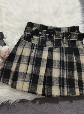 黑格子毛呢短裙女20245秋冬新款高腰显瘦腰带a字百褶裙加厚半身裙