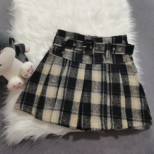 黑格子毛呢短裙女20245秋冬新款高腰显瘦腰带a字百褶裙加厚半身裙