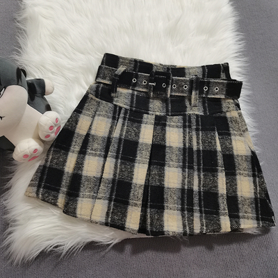 黑格子毛呢短裙女20245秋冬新款高腰显瘦腰带a字百褶裙加厚半身裙