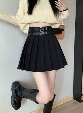 黑色百褶裙女短裙025春秋季新款双腰带百搭日系A字裙子西装半身裙