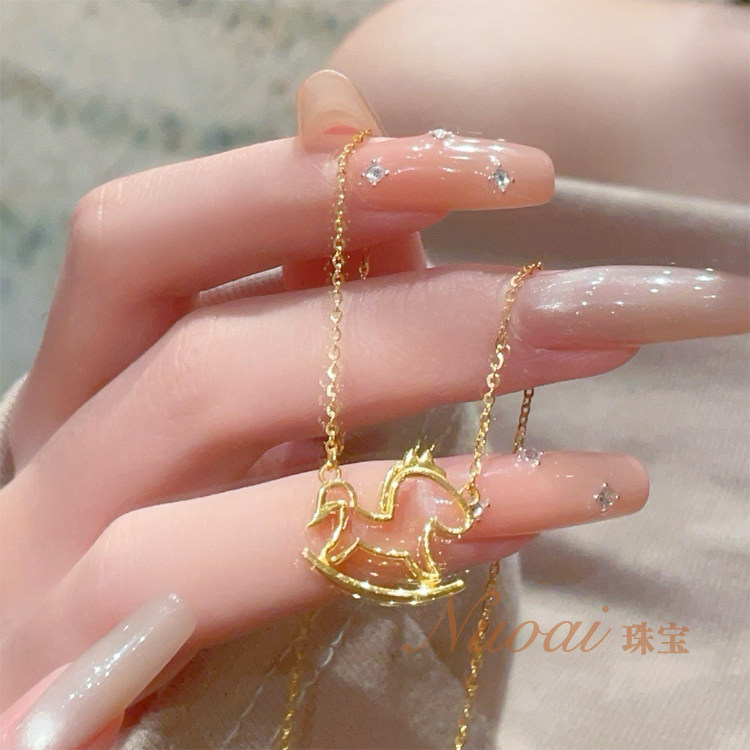 时尚款足金999黄金5G工艺镂空木马项链吊坠套链十二生肖马礼物