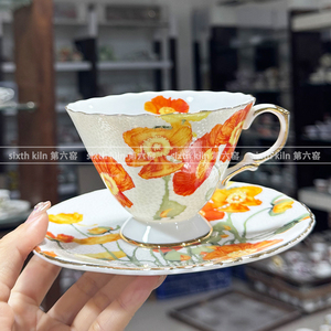 sixth kiln欧式咖啡杯碟高档骨瓷精致套装陶瓷情侣橙色芭比玫瑰花