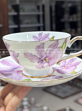 sixth kiln第六窑欧式骨瓷紫色百合咖啡杯碟套装厂家直发包邮