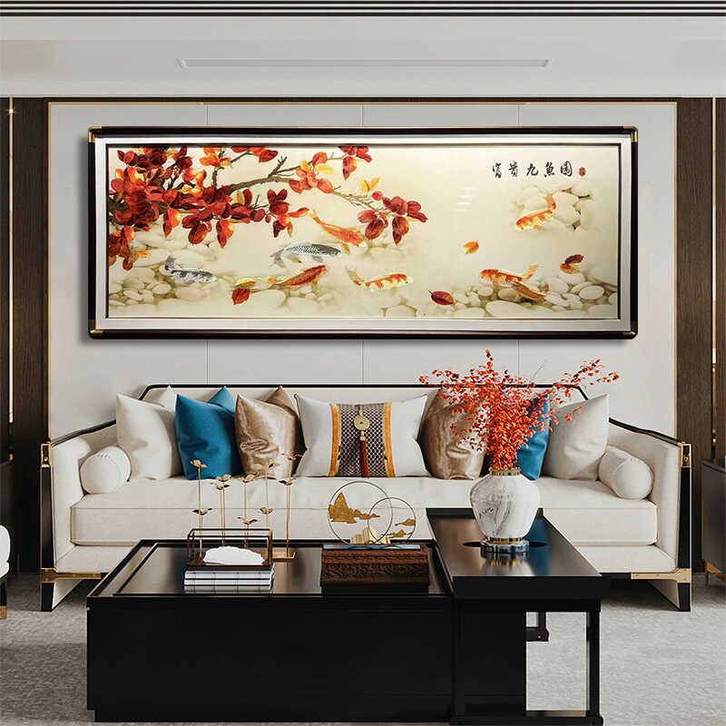 现代简约刺绣装饰画客厅沙发背景墙实木框九鱼图新中式织锦绣挂画图片