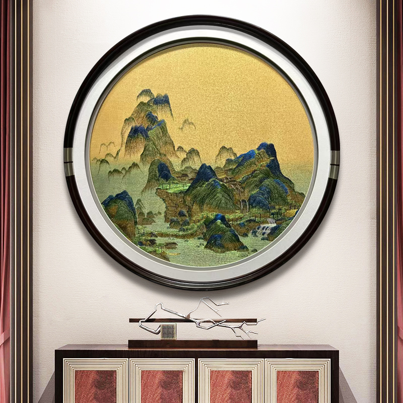 新中式刺绣装饰画实木框玄关客厅沙发背景墙山水画织锦绣圆形挂画图片