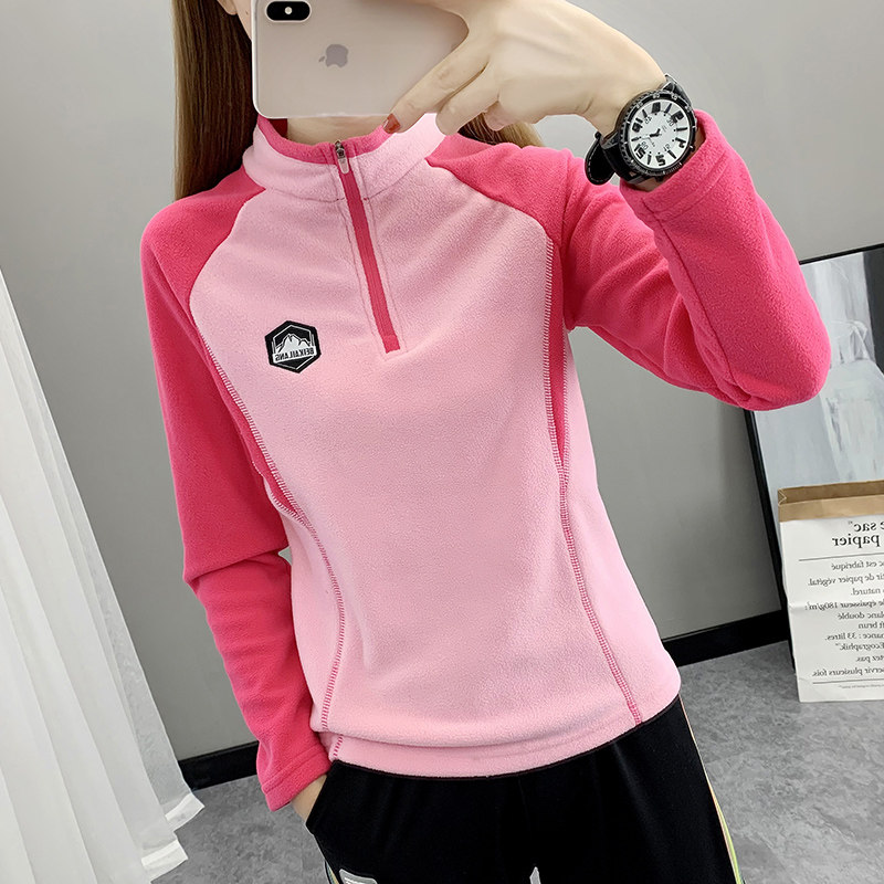 摇粒绒抓绒衣女长袖秋冬季加绒加厚保暖开衫立领外套户外登山上衣