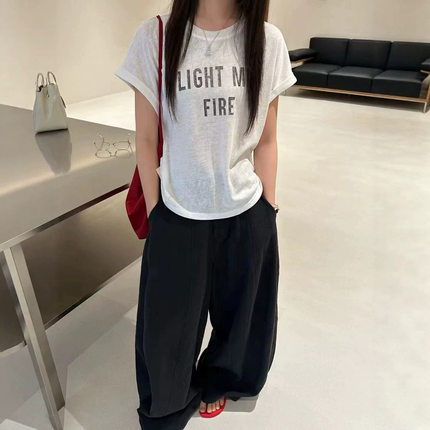 杭州四季青女装圆领短袖字母侧收腰显瘦棉T恤女上衣潮外潮打底衫