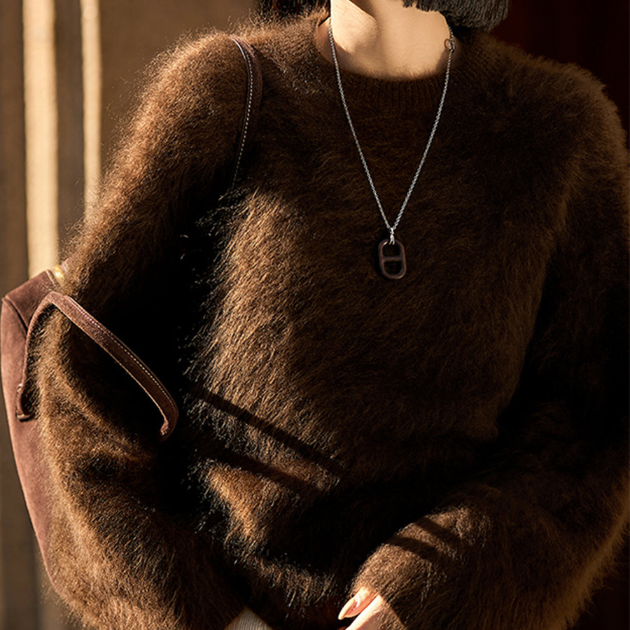 重磅高级感皮草拉绒羊绒针织衫女25秋季新款时尚雾感针织拉毛毛衣