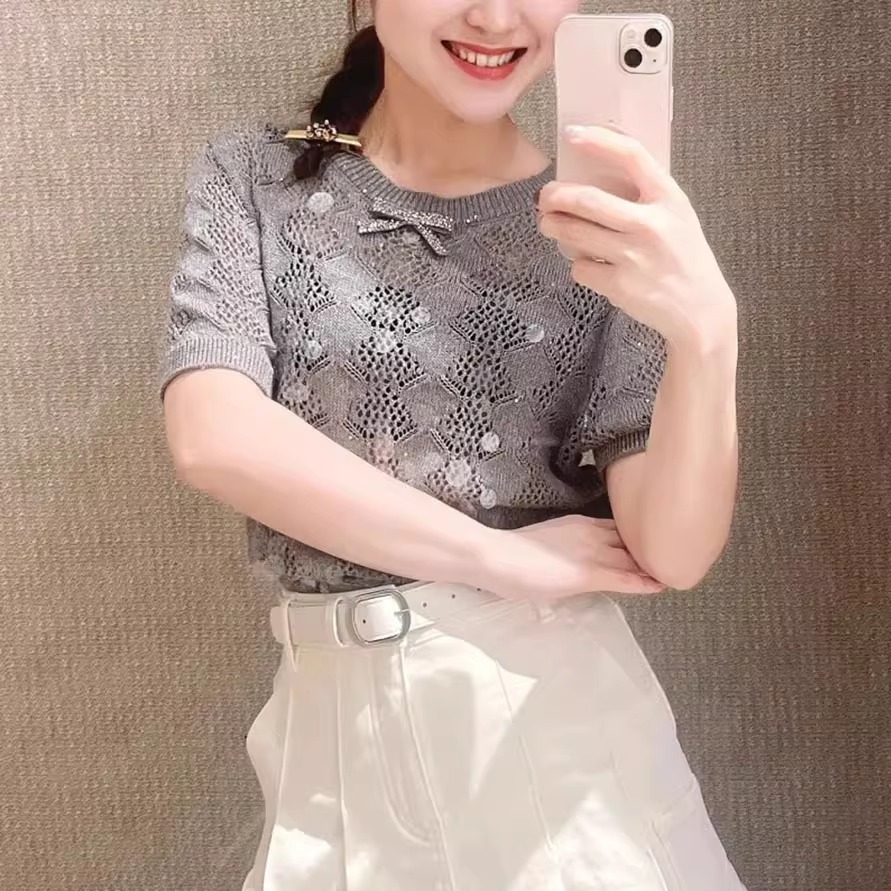甜美蝴蝶结亮片T恤2025夏季新款设计感镂空圆领套头衫针织衫上衣