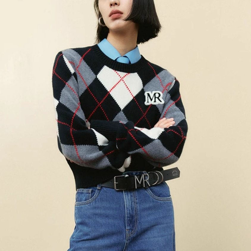 学院风撞色菱格羊绒针织衫女秋款