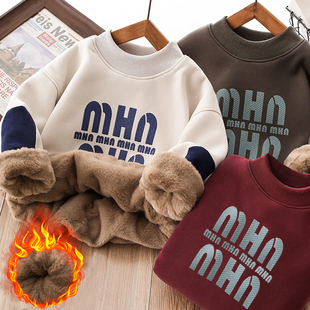 男童加绒卫衣冬款中大童加厚一体绒打底衫男孩冬装儿童半高领上衣