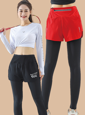 女式秋季运动裤速干短裤加绒长裤假两件跑步休闲高腰宽松广场舞裤