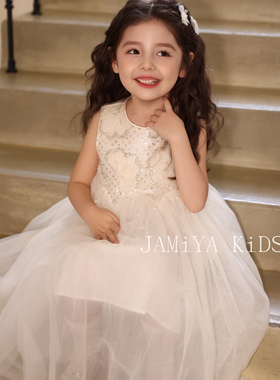 JA家女童无袖亮片网纱连衣裙白色蓬蓬公主裙梦幻风演出服