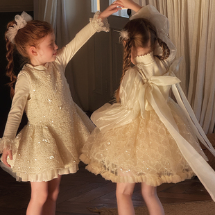 2025秋冬新款 女童小香风亮片网纱礼服裙儿童生日派对裙千金公主风
