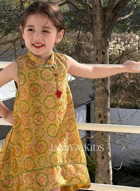 JA家中式风女童连衣裙夏季无袖立领盘扣印花背心裙洋气国风裙子