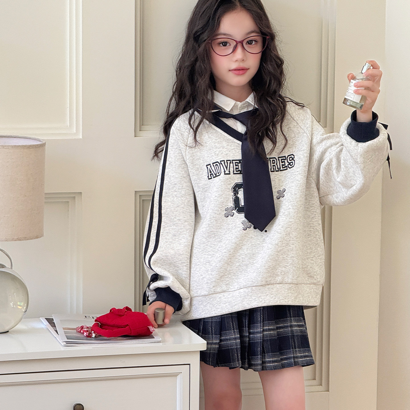 女童学院风假两件衬衫领卫衣