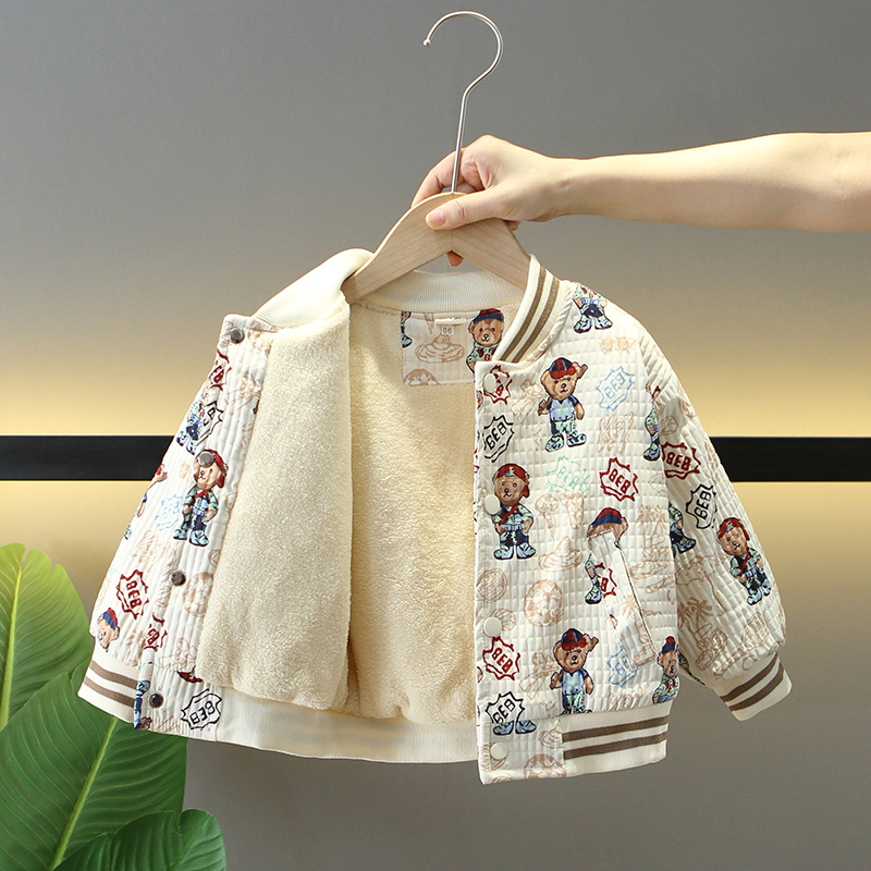 MORILEON男童秋冬款外套儿童棒球服时髦加绒加厚棉衣夹棉保暖上衣