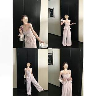 skk香气 浪漫婉约法式蕾丝小吊带/花边休闲裤套装