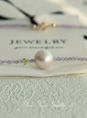 天然紫水晶珍珠项链天然淡水珍珠近正圆微瑕强光紫水晶刻面轻奢