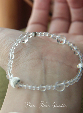 天然白水晶圆珠手链手串S925纯银螺纹珠轻奢百搭原创设计