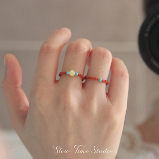 天然南红玛瑙松石蜜蜡小珠子戒指美国蓝瓷松睡美人新蜜蜡指环