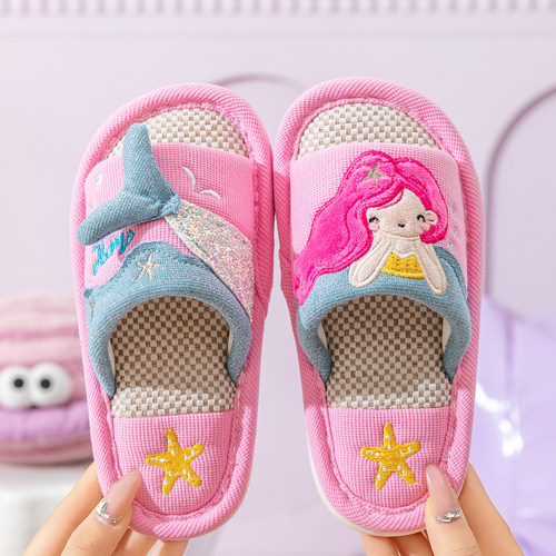 儿童拖鞋女童女孩亚麻拖鞋软底