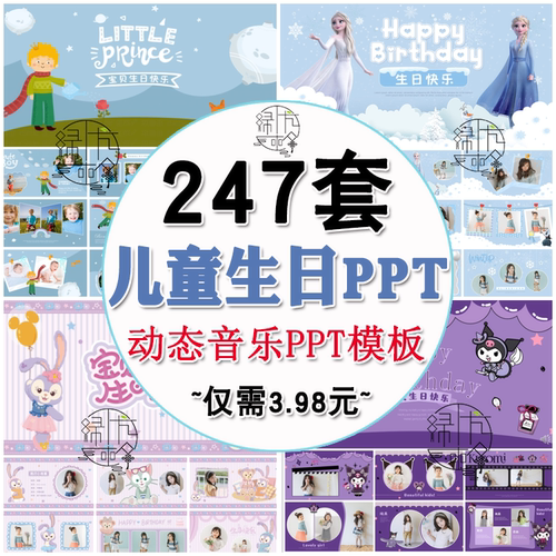 儿童生日PPT模板 小朋友卡通主题生日快乐大屏相册动态幻灯片模版