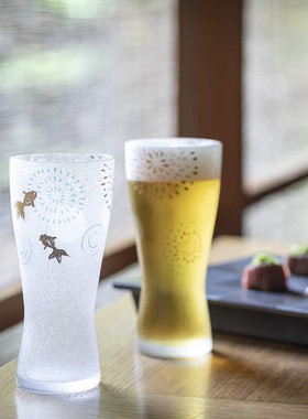日本aderia石冢硝子丸纹金鱼花火磨砂啤酒杯玻璃威士忌对杯结婚礼