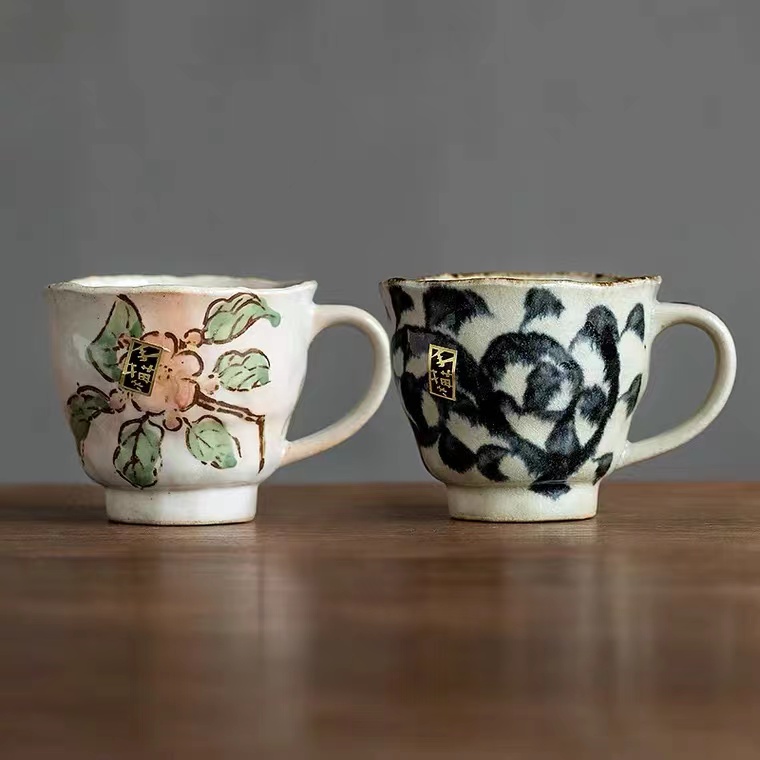 日本进口美浓烧唐草樱花马克杯传统手工复古陶瓷茶杯耐热咖啡杯