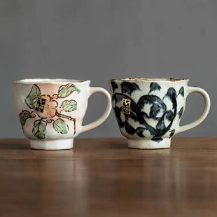 日本进口美浓烧唐草樱花马克杯传统手工复古陶瓷茶杯耐热咖啡杯