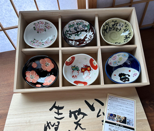日本进口夕立窑彩绘小蝶六件套礼盒装日式家用和风料理点心小碟子
