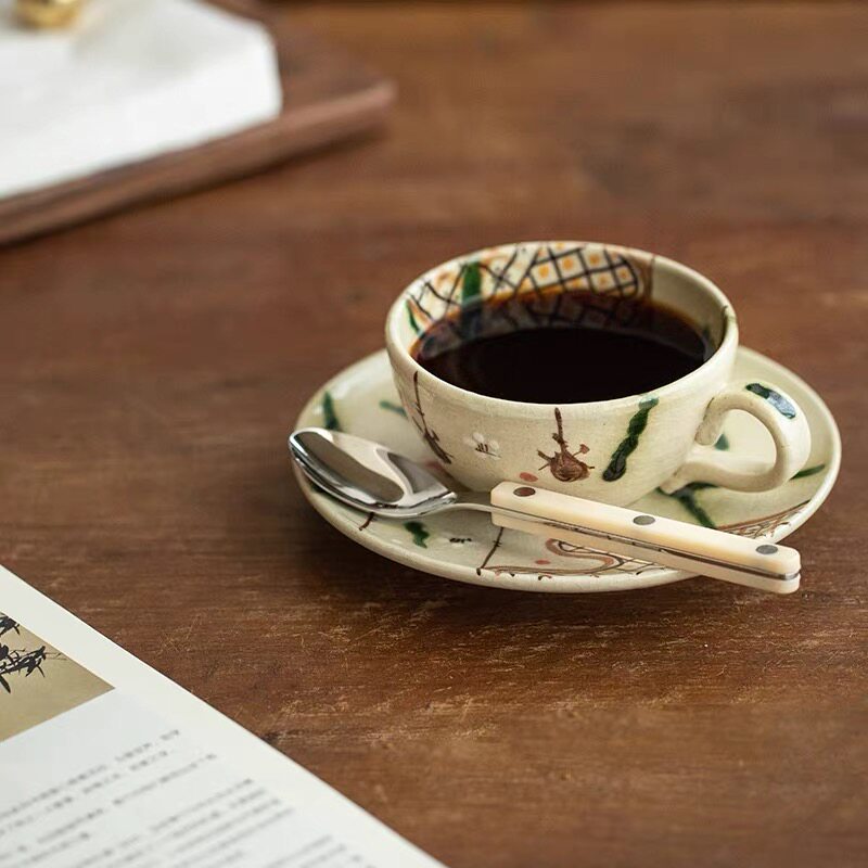 日本进口手绘织部弥陶瓷咖啡杯日式复古手作粗陶茶具下午茶茶杯子