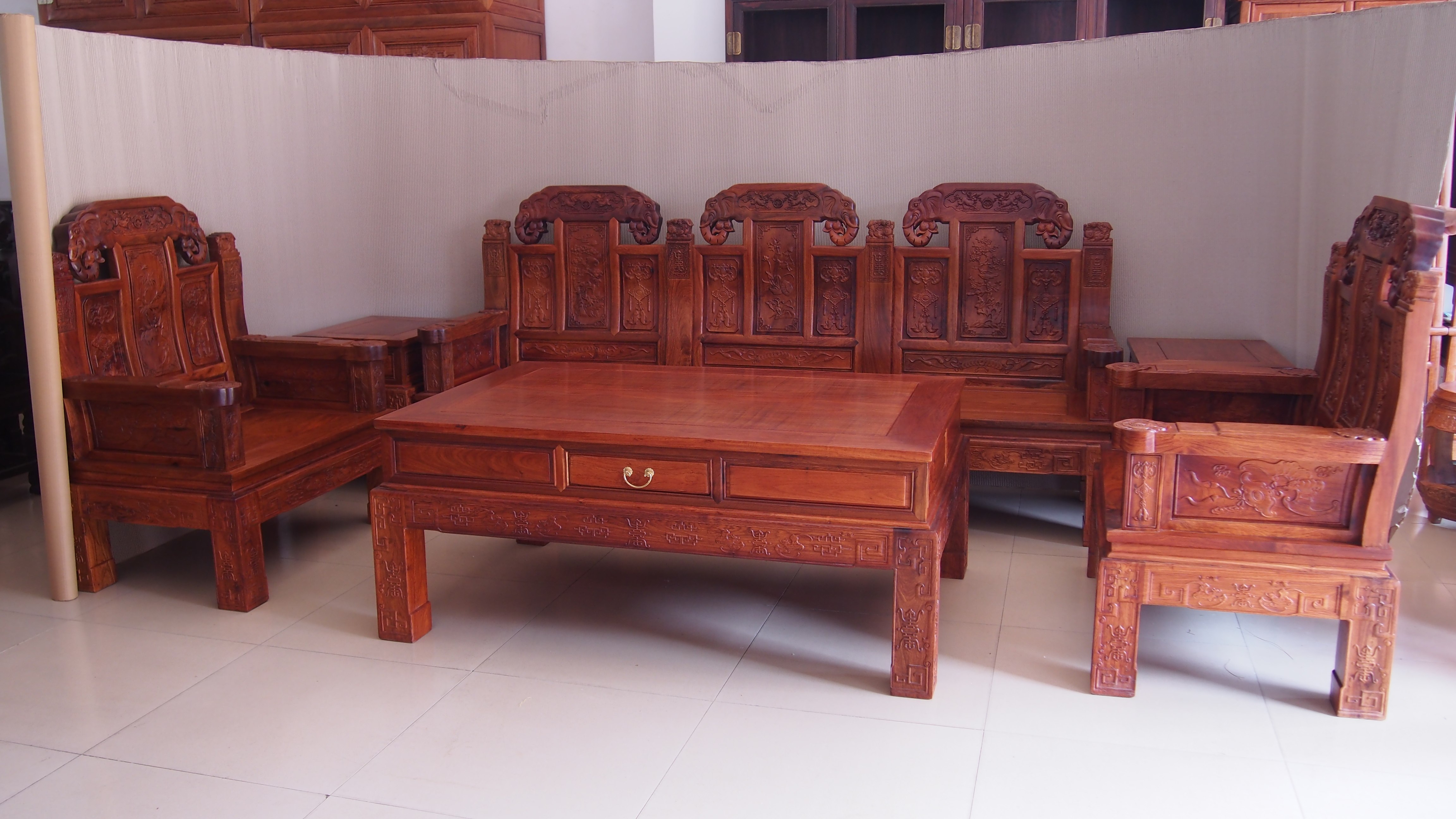 红木家具 实木家具 缅甸草花梨木如意象头沙发六件套电脑雕花