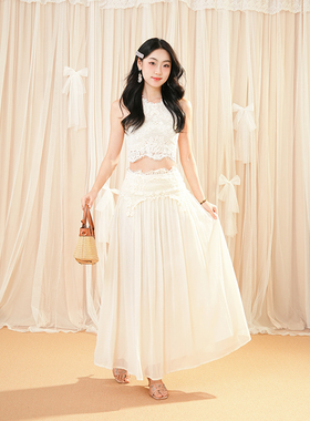 【卢浮幻境】白月光氛围感穿搭精致蕾丝上衣+长裙套装女夏季新款