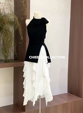 CHIEE 11黑色修身内搭针织衫女2024夏季新款设计感不规则裙子女
