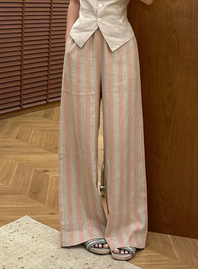 CHIEE 软亚麻裤子女夏简约日常条纹宽松阔腿裤韩系休闲直筒长裤