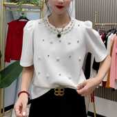绝美显瘦圆领上衣 新款 小香风重工订珠钉钻泡泡袖 t恤女2025年夏季