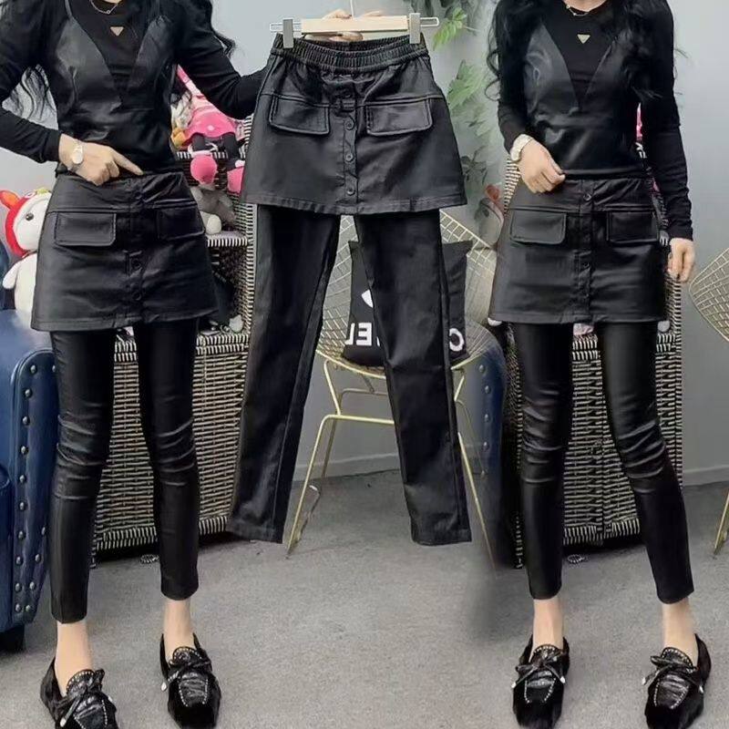 假两件pu皮裤裙女黑色松紧腰百搭洋气加绒显瘦九分裤休闲裤收显瘦,女装/女士精品,休闲裤,淘宝优惠券,粉丝福利购,淘宝优惠卷