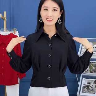 2025春秋时尚百搭长袖衬衣新款气质翻领雪纺衬衫女士收腰显瘦上衣