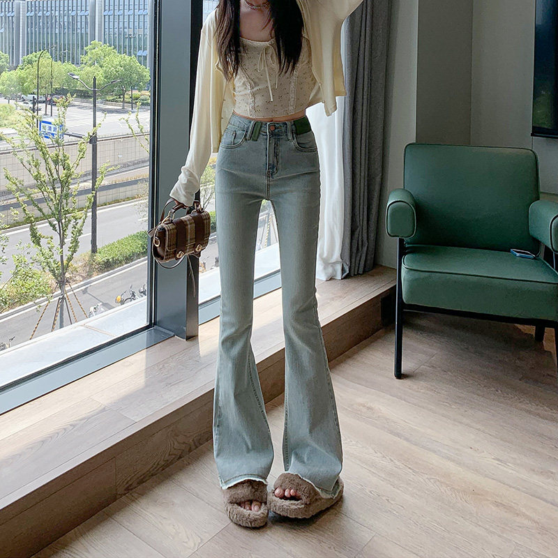 YKK浅色美式微喇叭牛仔裤女春季新款高腰显瘦弹力喇叭裤冰川蓝图片