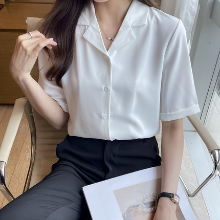 夏季新款短袖衬衫女设计感小众职业白色衬衣西装领上衣通勤工作服