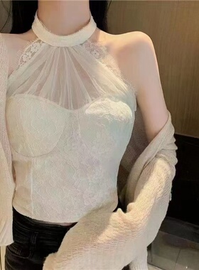 蕾丝性感挂脖美背带胸垫吊带背心2024春秋新款外穿百搭裹胸女上衣