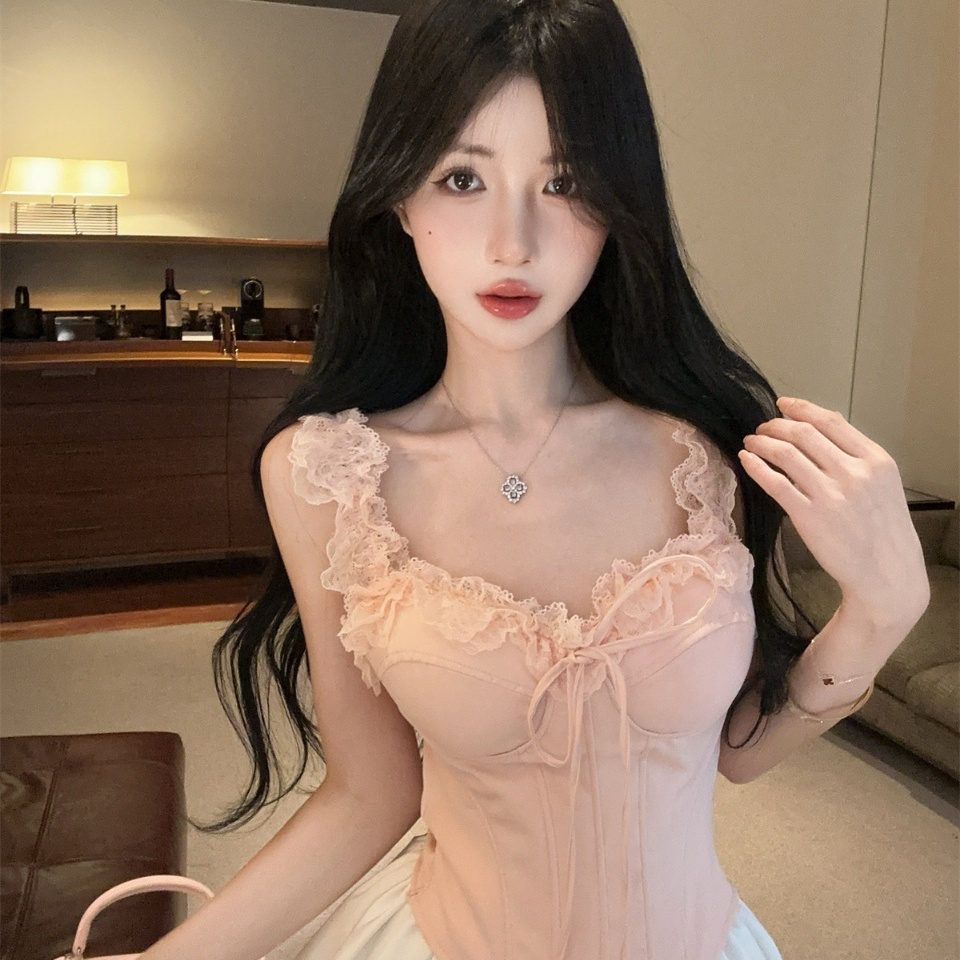 法式粉色蕾丝鱼骨抹胸吊带背心女