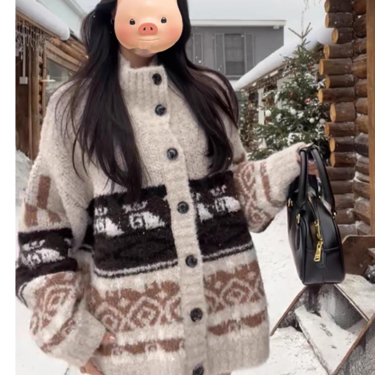 慵懒风高领毛绒绒毛衣开衫外套女秋冬季宽松加厚中长款针织衫上衣