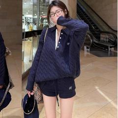 休闲针织套装女秋冬宽松慵懒风软糯毛衣上衣松紧腰包臀短裤两件套