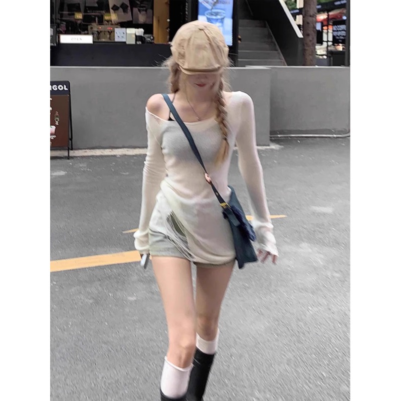 不规则微透破洞长袖针织衫女夏季镂空薄款防晒罩衫别致一字肩上衣