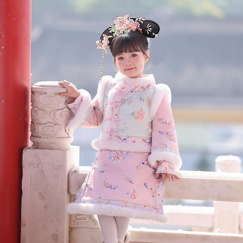 女童粉色清朝格格服秋冬款儿童女宝宝古装汉服冬装唐装过年拜年服