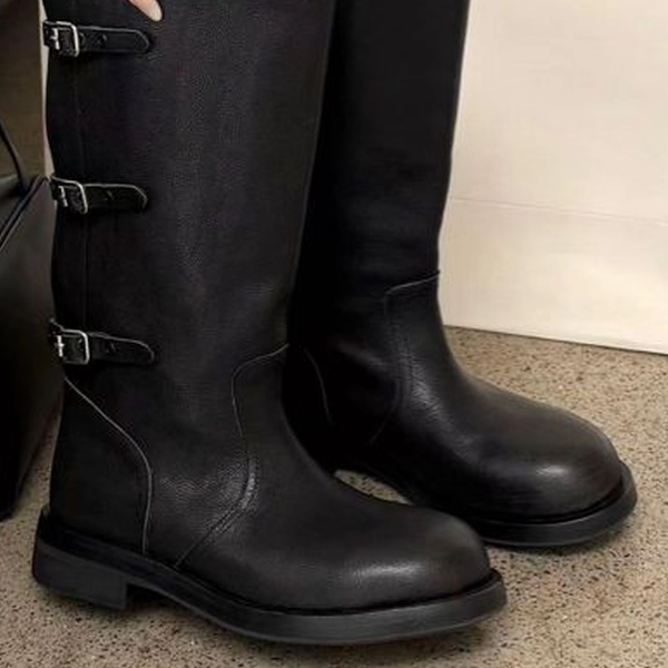 诗歌兰女鞋韩版皮带扣长筒靴黑色百搭平底骑士靴机车靴,女鞋,时装靴,淘宝优惠券,粉丝福利购,淘宝优惠卷